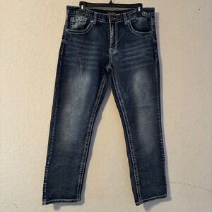 True Luck Mens Dark Wash Straight Leg Jeans Thick Contrast Stitch 34x30 Street